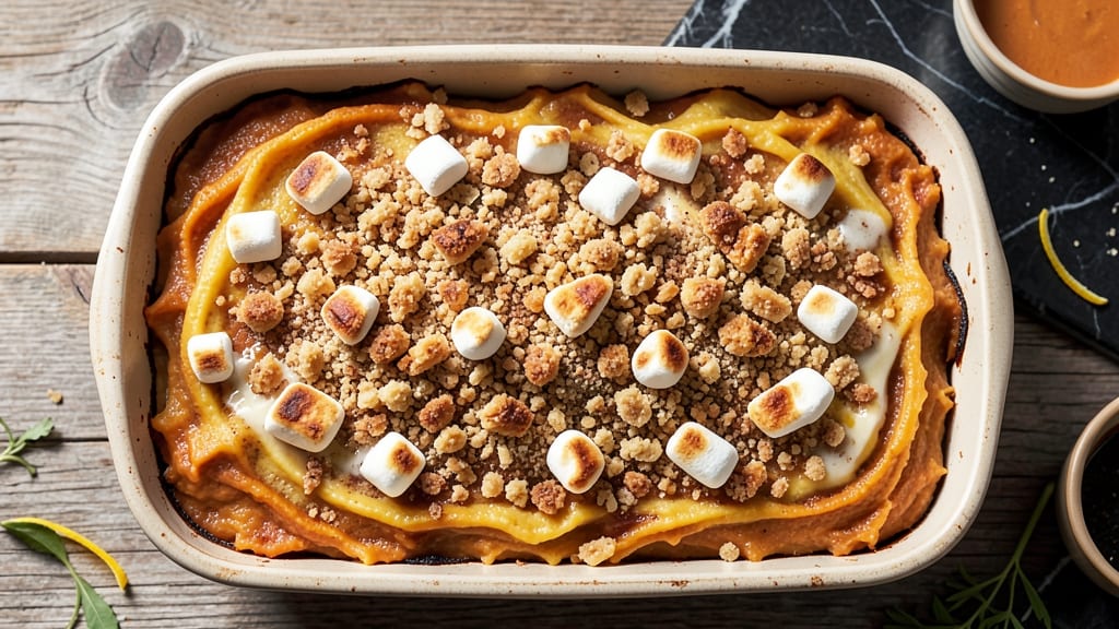Sweet Potato Casserole Recipe With Marshmallows and Streusel Topping: Buttery Streusel Crunch Over Gooey Marshmallow Heaven