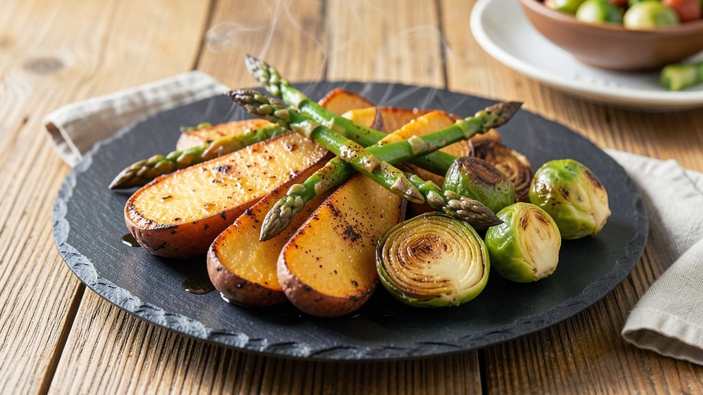 Sweet Potato, Asparagus, and Brussels Sprouts Recipe: Roasted Spice Harmony with Charred Edges