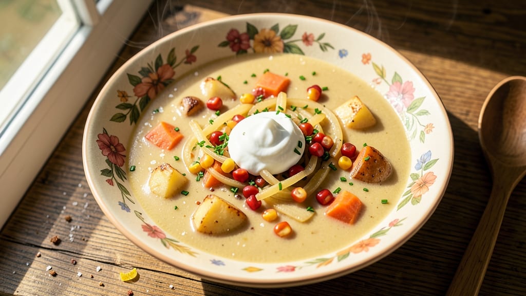 Vegan Potato Corn Chowder Soup Recipe: Creamy, Velvety Texture with Crunchy Topping Twist